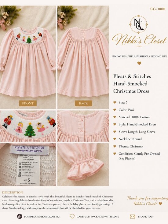 Pleats & Stitches Other - Pleats & Stitches Hand-Smocked Christmas Dress